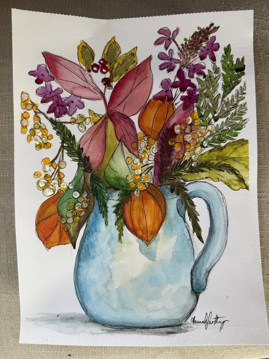 Example painting for the class: autumn flowers, berries and leaves in a blue jug, in ink and watercolour.