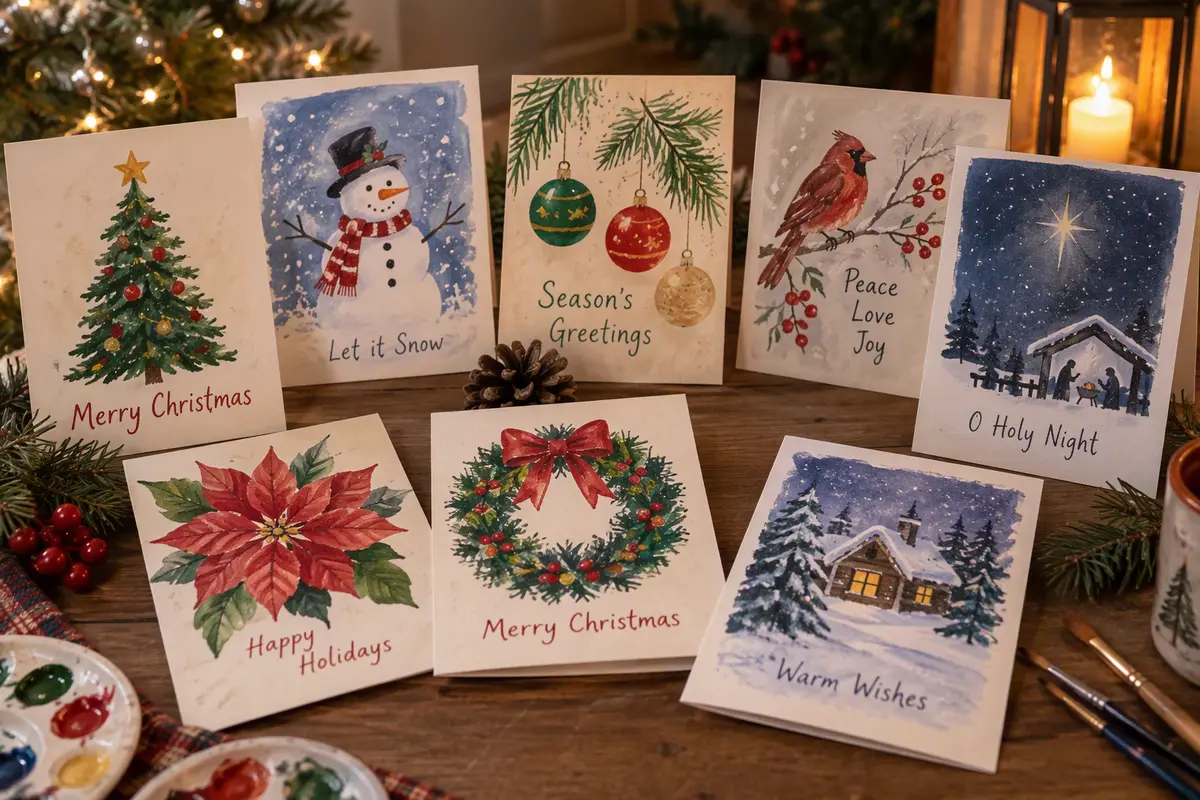 A selection of hand-painted Christmas cards with trees, a snowman, baubles and winter scenes.