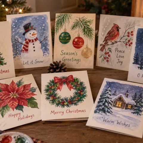 A selection of hand-painted Christmas cards with trees, a snowman, baubles and winter scenes.