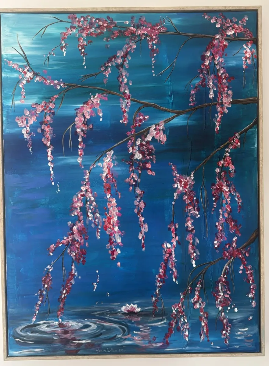 Cherry Blossom: acrylic painting of pink blossom hanging over still blue water with a water lily.