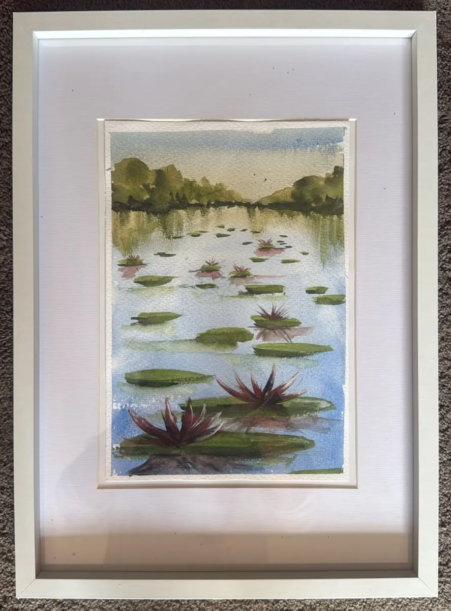 Lilies: watercolour of water lilies on a calm lake with trees reflected, mounted in a white frame.