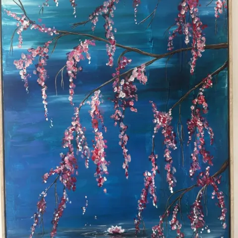 Cherry Blossom: acrylic painting of pink blossom hanging over still blue water with a water lily.